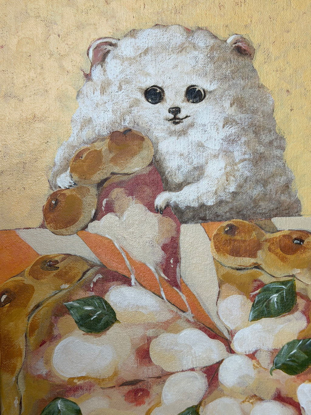 Close-up of A Slice of Happiness artwork showing the fluffy white dog and pizza scene