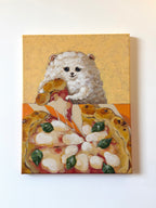 A Slice of Happiness original acrylic painting featuring a fluffy white dog beside a colourful pizza by Mariana Bivol