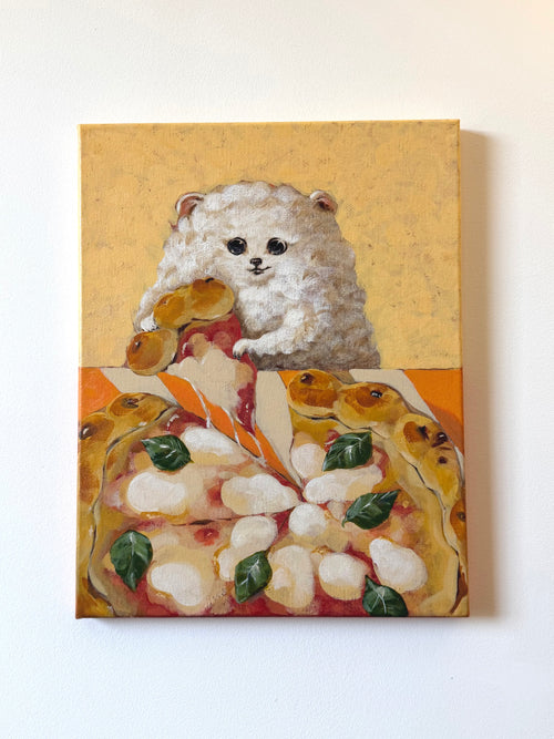 A Slice of Happiness original acrylic painting featuring a fluffy white dog beside a colourful pizza by Mariana Bivol