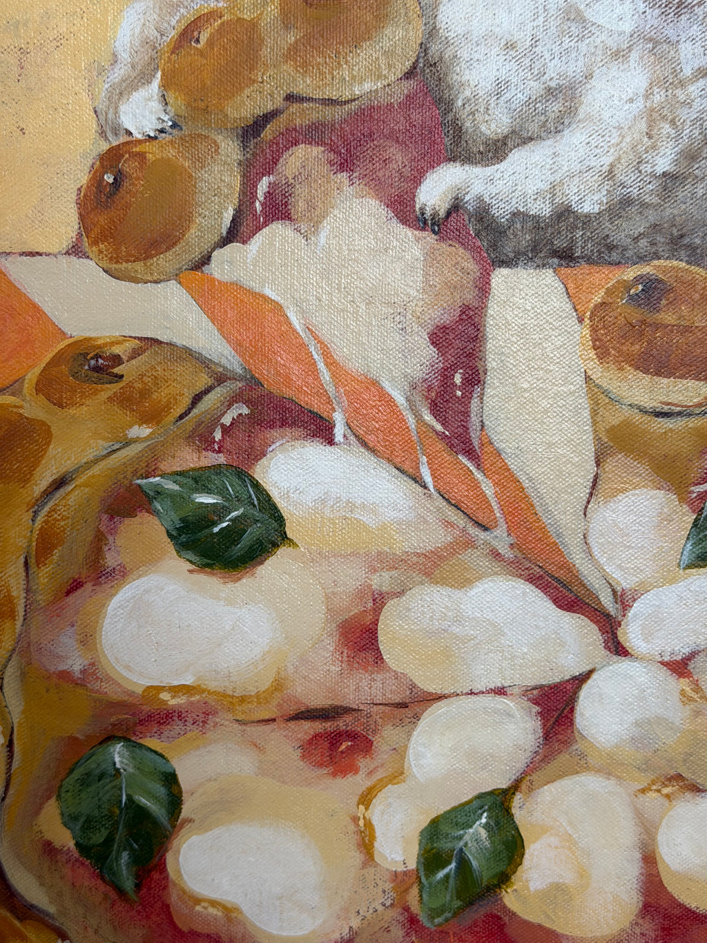 Close-up detail of A Slice of Happiness acrylic painting showing the colourful pizza and textured brushwork