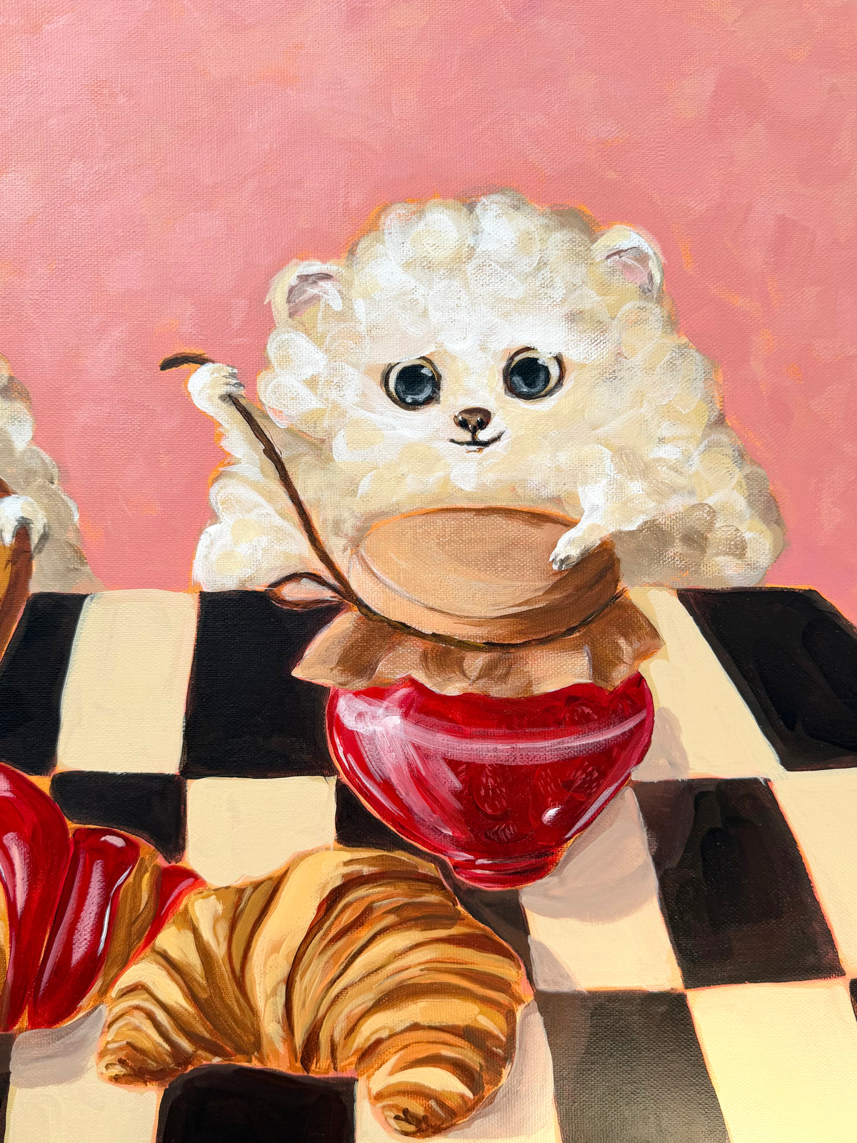 Close-up of Bakery Buddies acrylic painting showing a fluffy dog surrounded by pastries and baked treats
