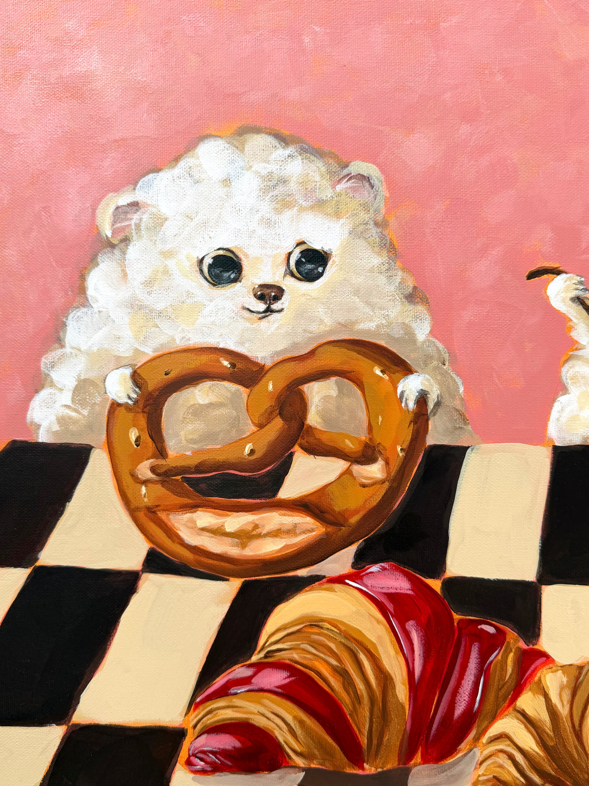 Bakery Buddies dog and pastry acrylic painting displayed in a styled interior setting