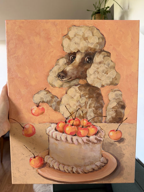 Celebration original acrylic painting featuring a charming dog beside a decorated cake by Mariana Bivol