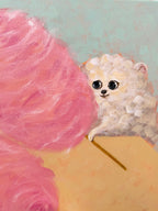 Clouds of Sugar original acrylic painting featuring a fluffy white dog beside oversized pink cotton candy by Mariana Bivol