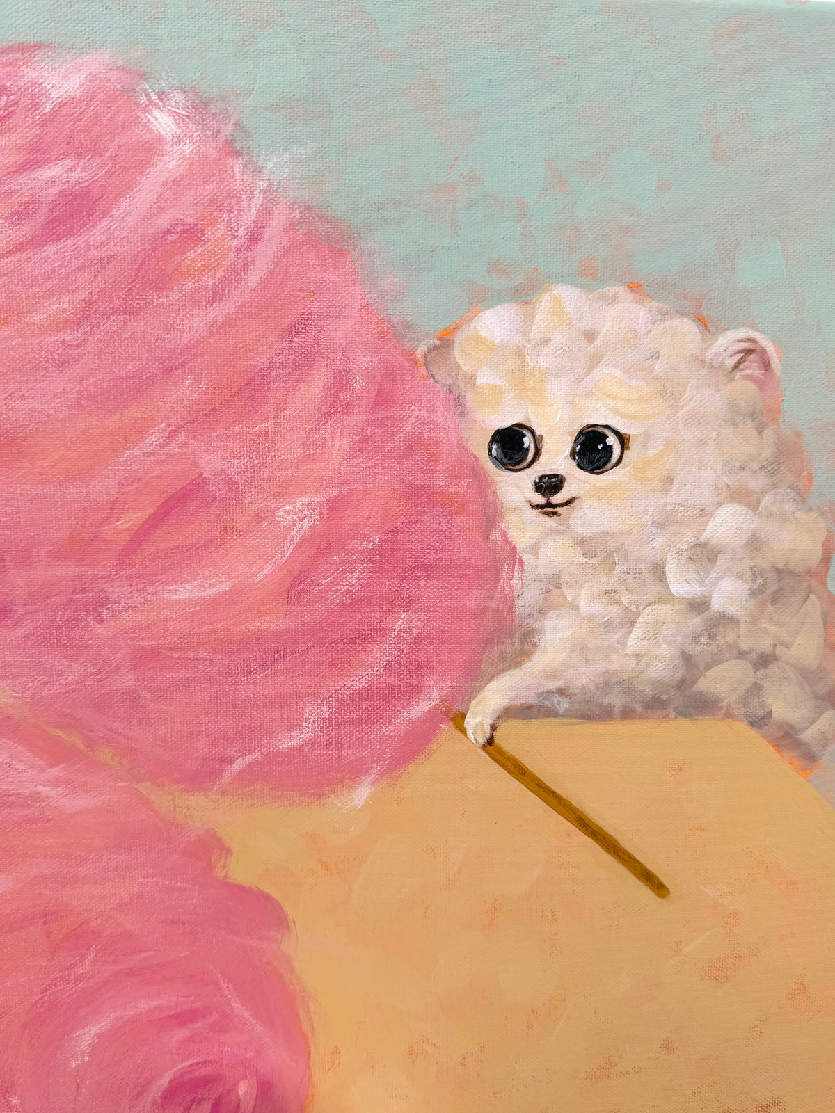 Clouds of Sugar original acrylic painting featuring a fluffy white dog beside oversized pink cotton candy by Mariana Bivol