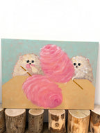 Clouds of Sugar dog acrylic painting displayed in a styled interior with playful pink cotton candy artwork