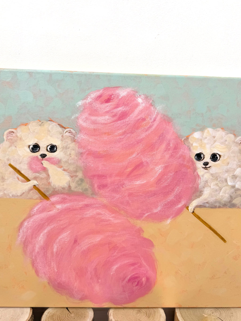 Close-up of Clouds of Sugar acrylic painting showing the fluffy white dog and large pink cotton candy