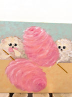 Close-up of Clouds of Sugar acrylic painting showing the fluffy white dog and large pink cotton candy