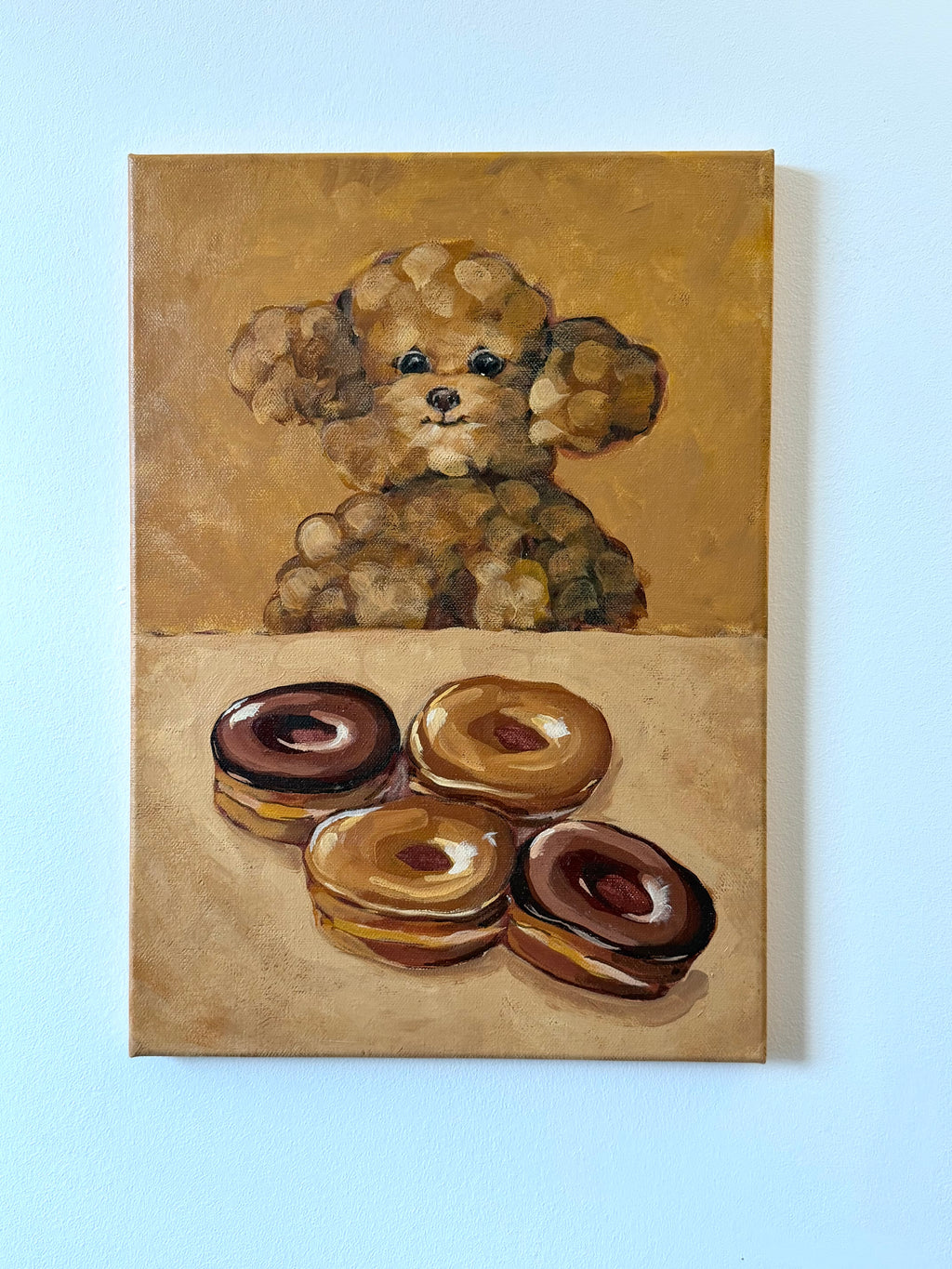 Eyes on Donuts original acrylic painting featuring a charming dog watching a selection of colourful donuts by Mariana Bivol