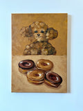 Eyes on Donuts original acrylic painting featuring a charming dog watching a selection of colourful donuts by Mariana Bivol
