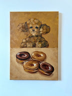 Eyes on Donuts original acrylic painting featuring a charming dog watching a selection of colourful donuts by Mariana Bivol