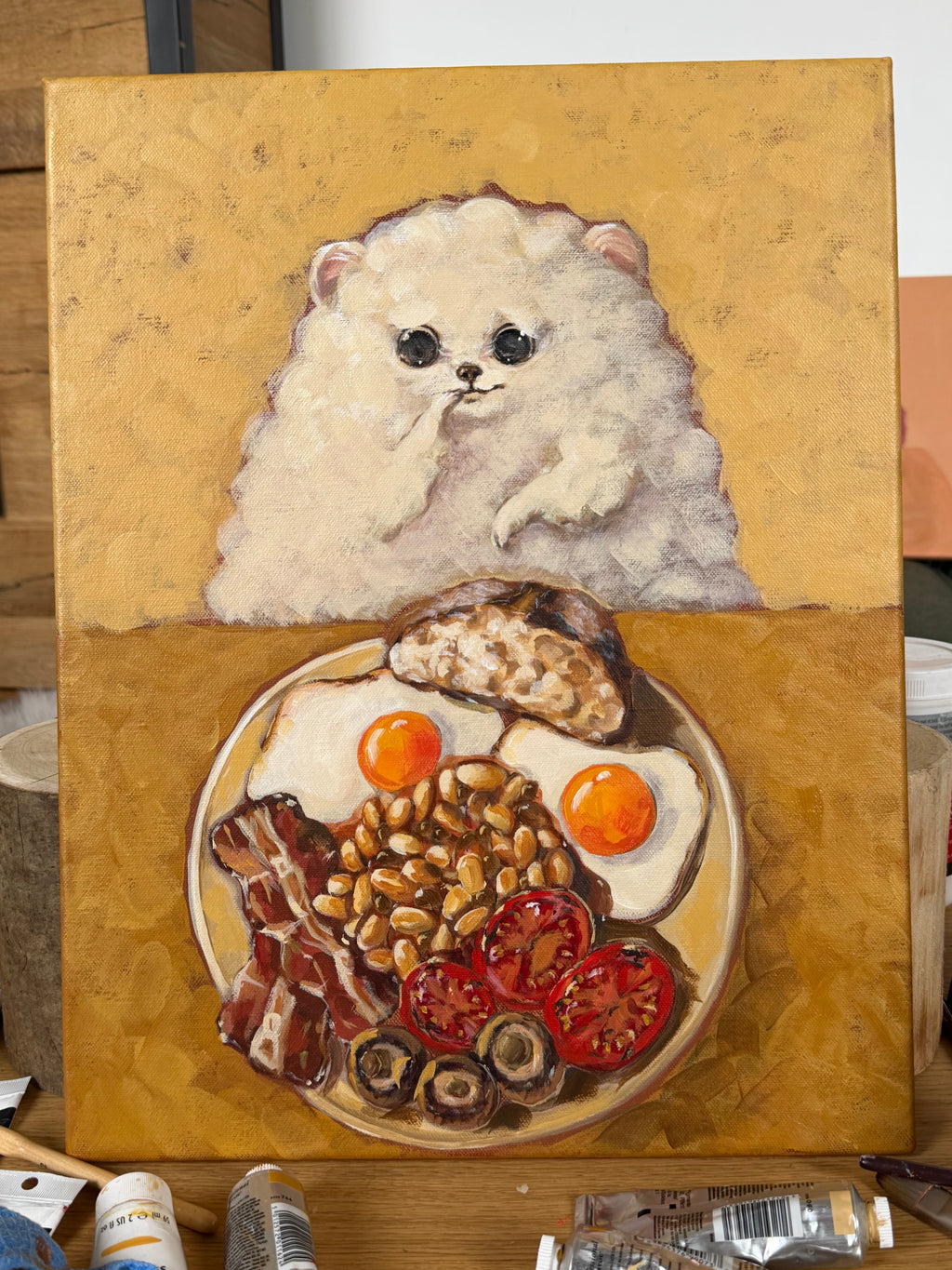 Detail view of Full English dog breakfast acrylic painting with colourful food elements