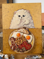 Detail view of Full English dog breakfast acrylic painting with colourful food elements