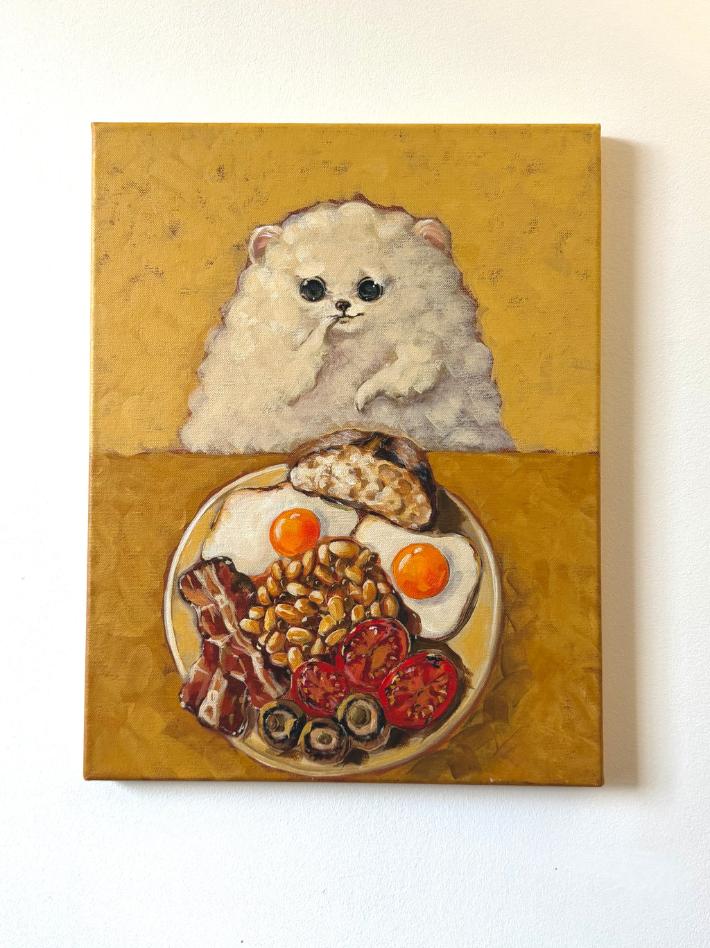 Full English original acrylic painting featuring a fluffy white dog beside a classic English breakfast by Mariana Bivol