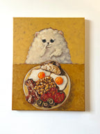 Full English original acrylic painting featuring a fluffy white dog beside a classic English breakfast by Mariana Bivol