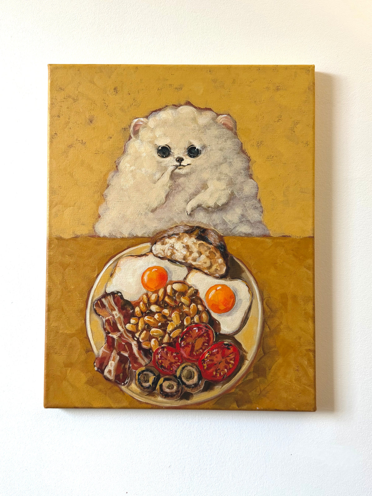 Full English original acrylic painting featuring a fluffy white dog beside a classic English breakfast by Mariana Bivol