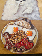 Close-up of the Full English artwork showing the dog beside a traditional breakfast plate