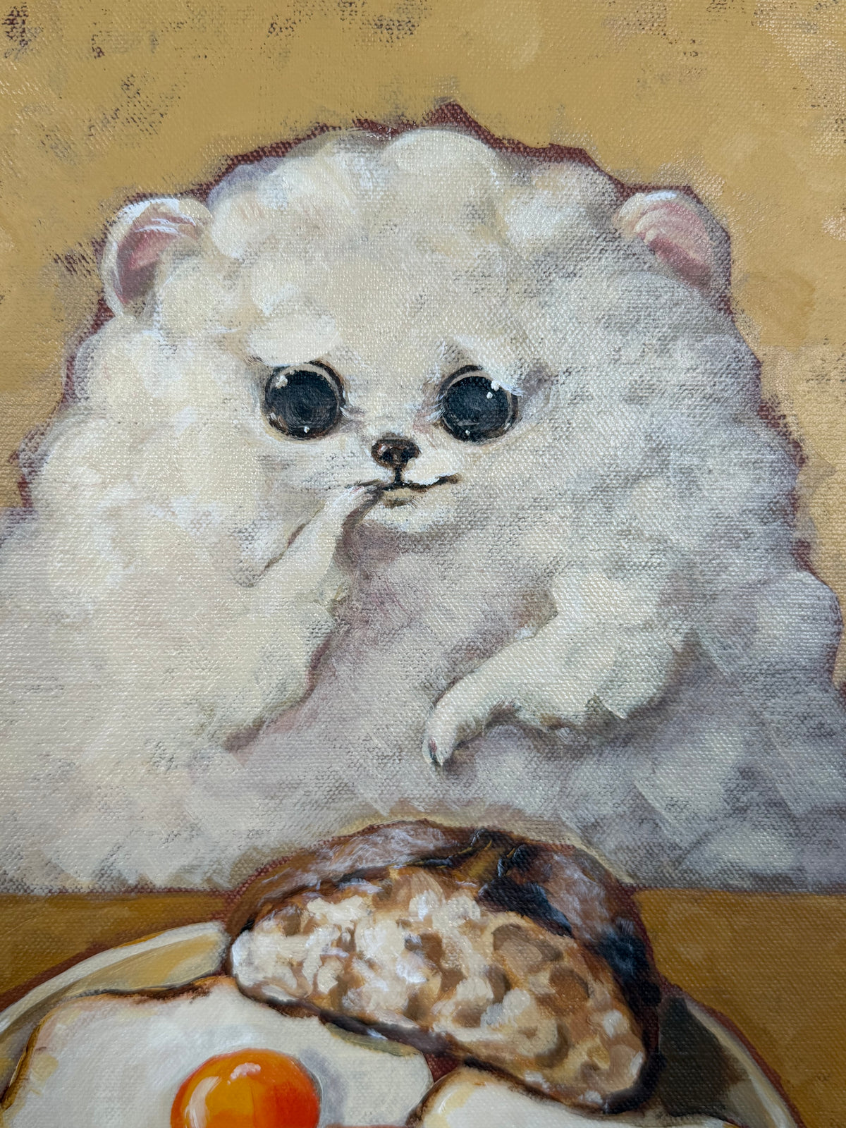 Close-up of Full English acrylic painting showing the fluffy white dog and breakfast details