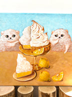Happy Friends Together dog and dessert acrylic painting displayed in a styled interior setting