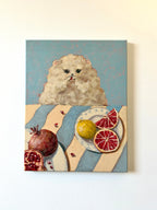 Little Picnic dog picnic acrylic painting displayed on a clean wall with colourful fruit details