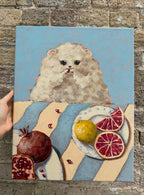 Little Picnic original acrylic painting featuring a fluffy white dog with colourful fruit in a playful picnic scene by Mariana Bivol