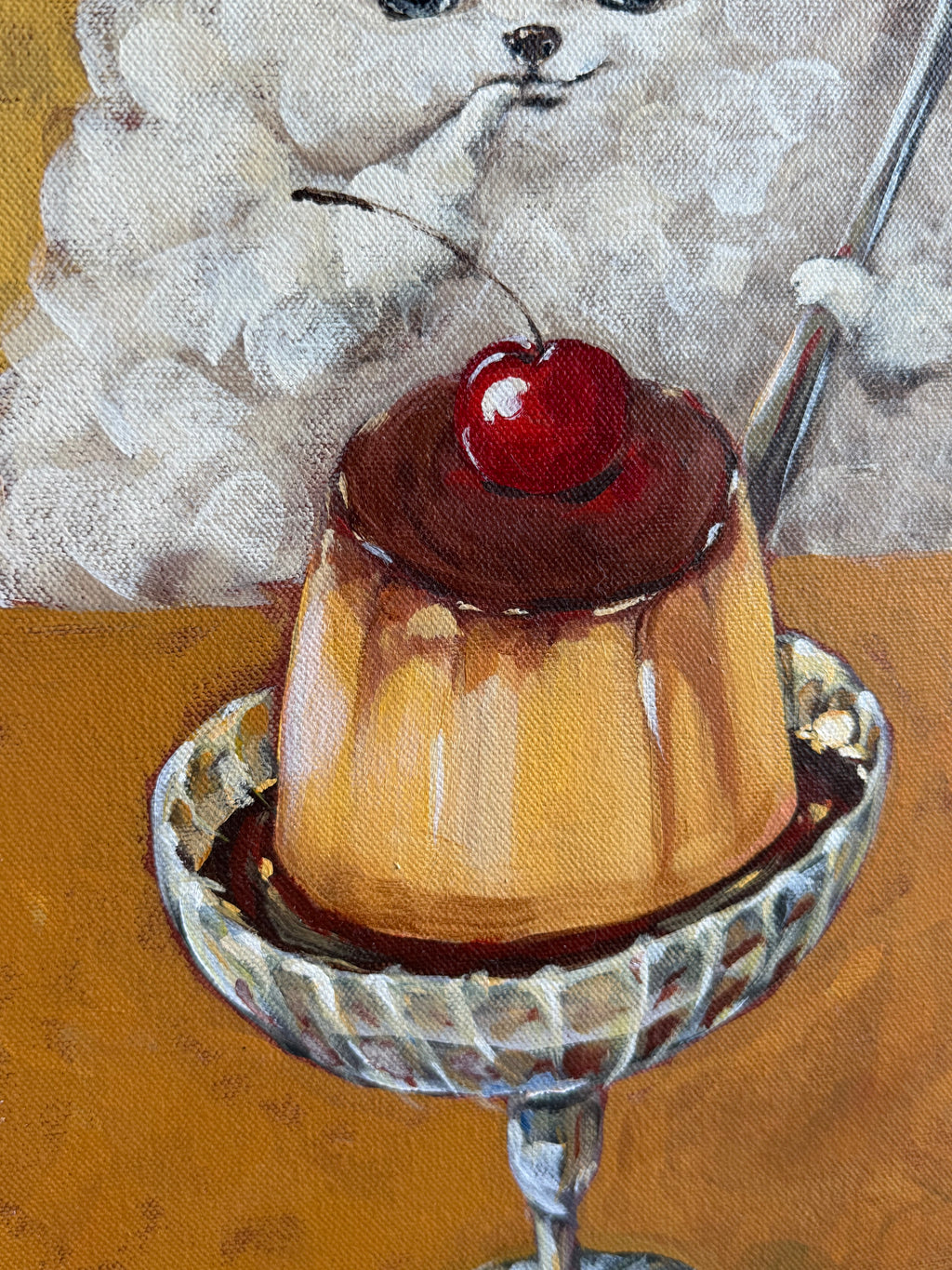 Little Sweet Tooth original acrylic painting featuring a fluffy white dog beside a cherry-topped dessert by Mariana Bivol