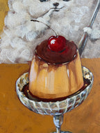 Little Sweet Tooth original acrylic painting featuring a fluffy white dog beside a cherry-topped dessert by Mariana Bivol