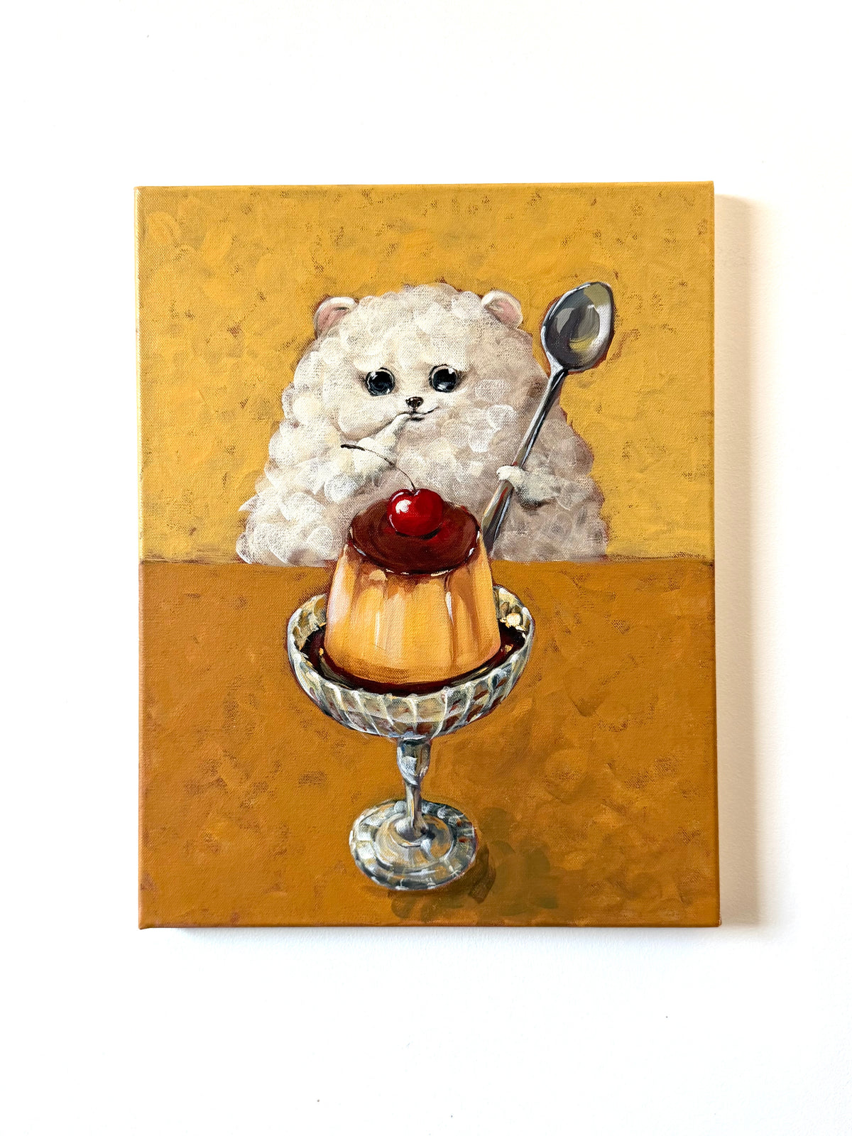 Close-up of Little Sweet Tooth acrylic painting showing a fluffy white dog and cherry-topped dessert