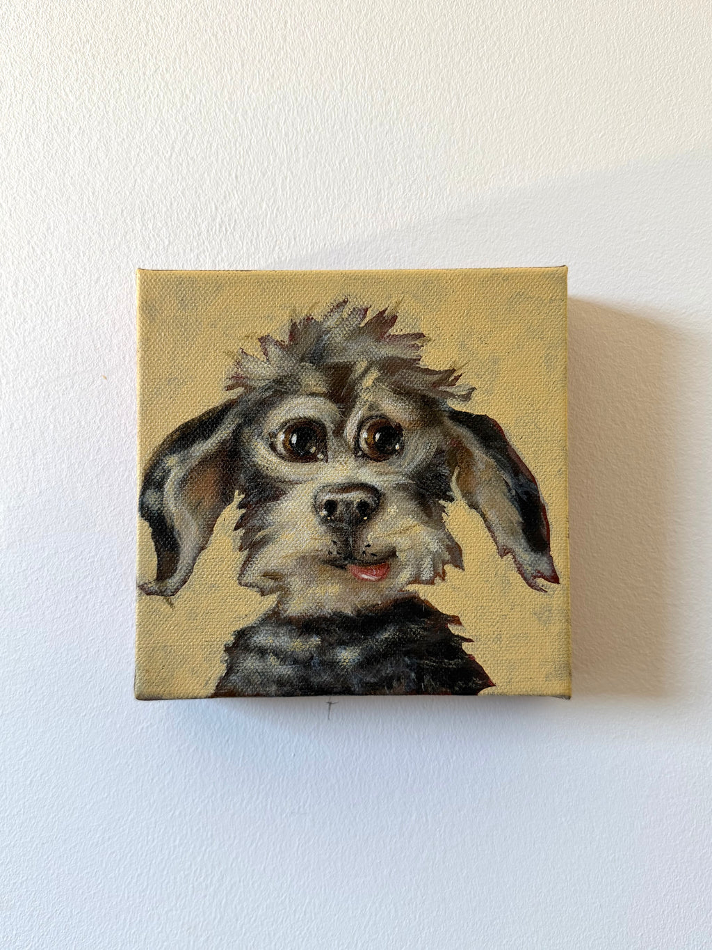 My Dear Old Friend original expressive dog acrylic painting by Mariana Bivol displayed on a light wall