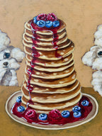 Close-up of Pancake Day acrylic painting showing two fluffy dogs and a colourful pancake stack