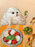 Paws & Mozzarella original acrylic painting featuring a fluffy white dog beside mozzarella, tomato and basil by Mariana Bivol