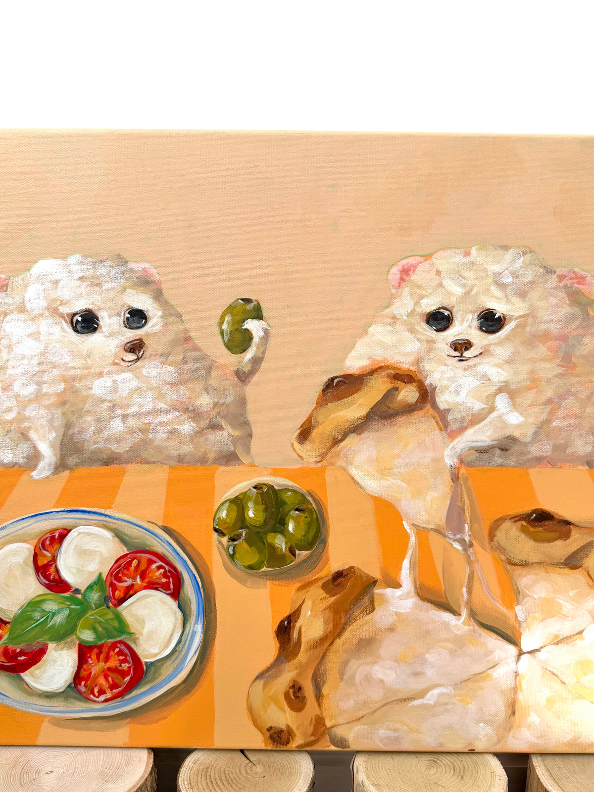 Paws & Mozzarella whimsical dog and Caprese artwork showing mozzarella, tomatoes, basil and bread