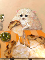 Close-up of Paws & Mozzarella acrylic painting showing the fluffy white dog and colourful food details