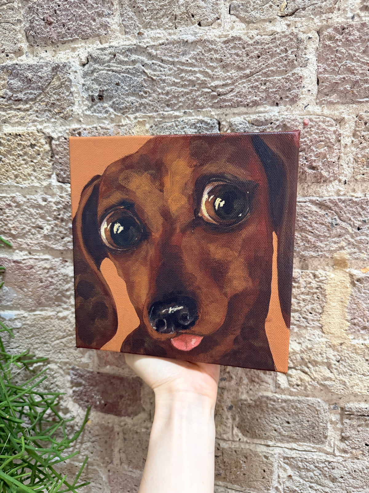 A hand holds a square canvas painting of a dachshund dog's face against a rustic brick wall background.