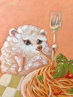 Close-up of Spaghetti Sweethearts acrylic painting showing a fluffy dog beside a colourful plate of spaghetti