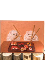 Close-up of Sushi Celebration acrylic painting showing a fluffy dog beside a colourful sushi platter