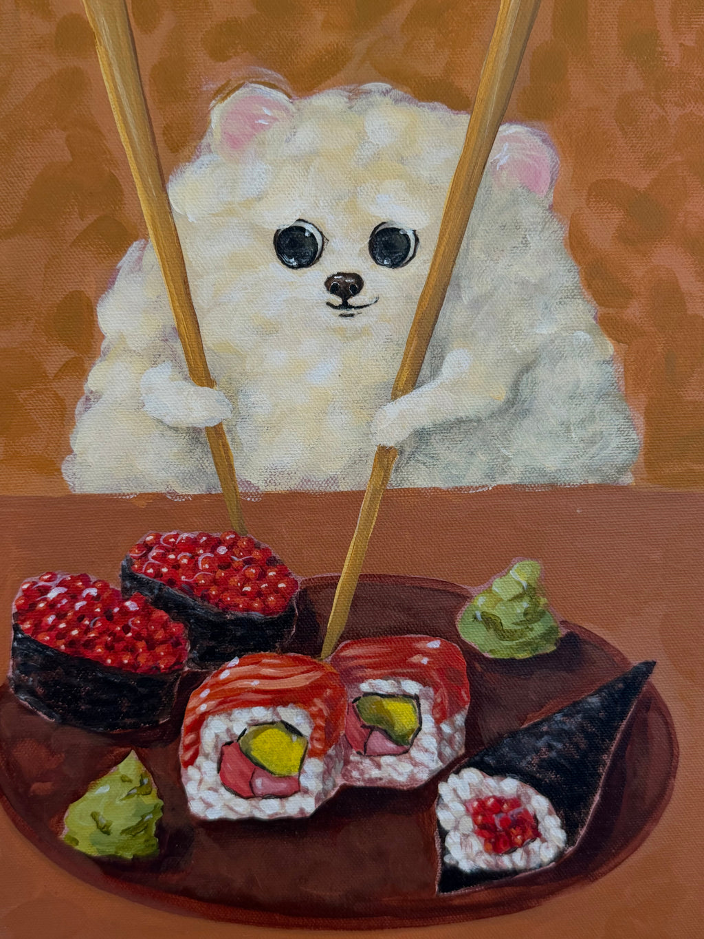 Sushi Lover original acrylic painting featuring a fluffy white dog beside a colourful sushi platter by Mariana Bivol
