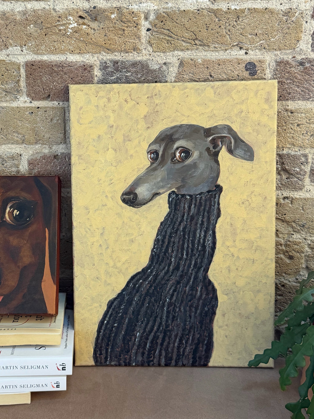 The Turtleneck greyhound wall art displayed in a modern interior setting